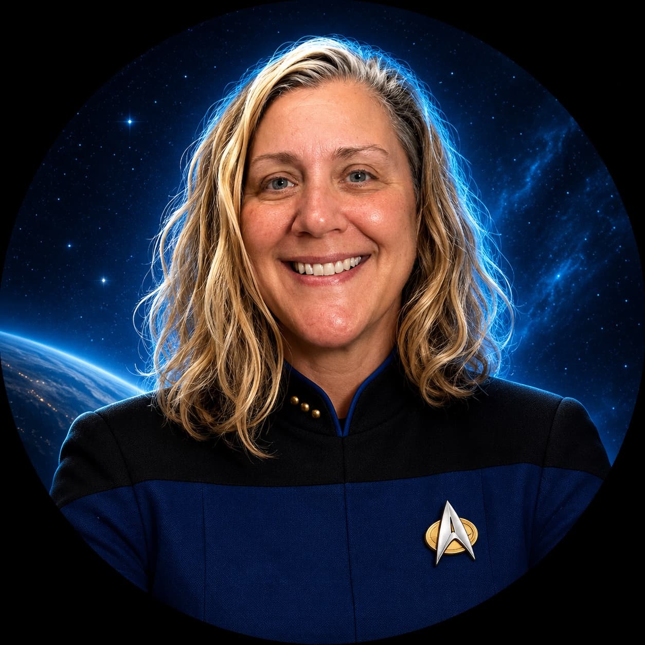 Alana Oldham wearing a dark blue science-fiction uniform