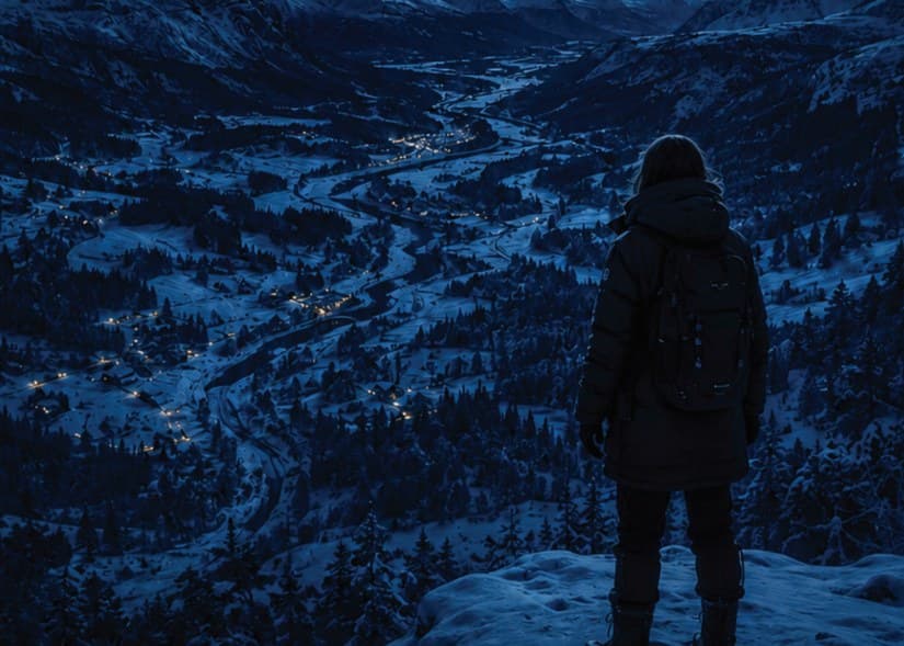 Elena Rostova looking out over the snow-covered Hessdalen Valley at night
