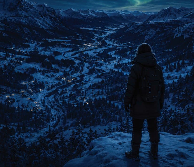 Elena Rostova looking out over the snow-covered Hessdalen Valley at night