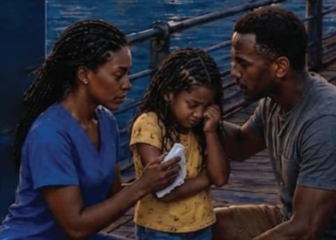 Leah Baptiste comforting Imani on the dock at Algiers Point