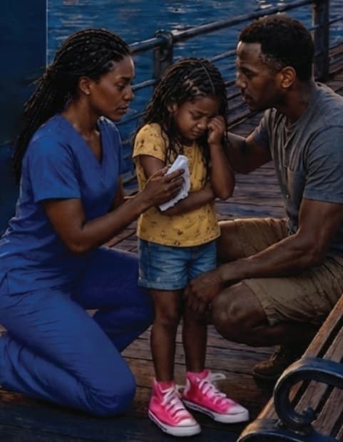 Leah Baptiste comforting Imani on the dock at Algiers Point